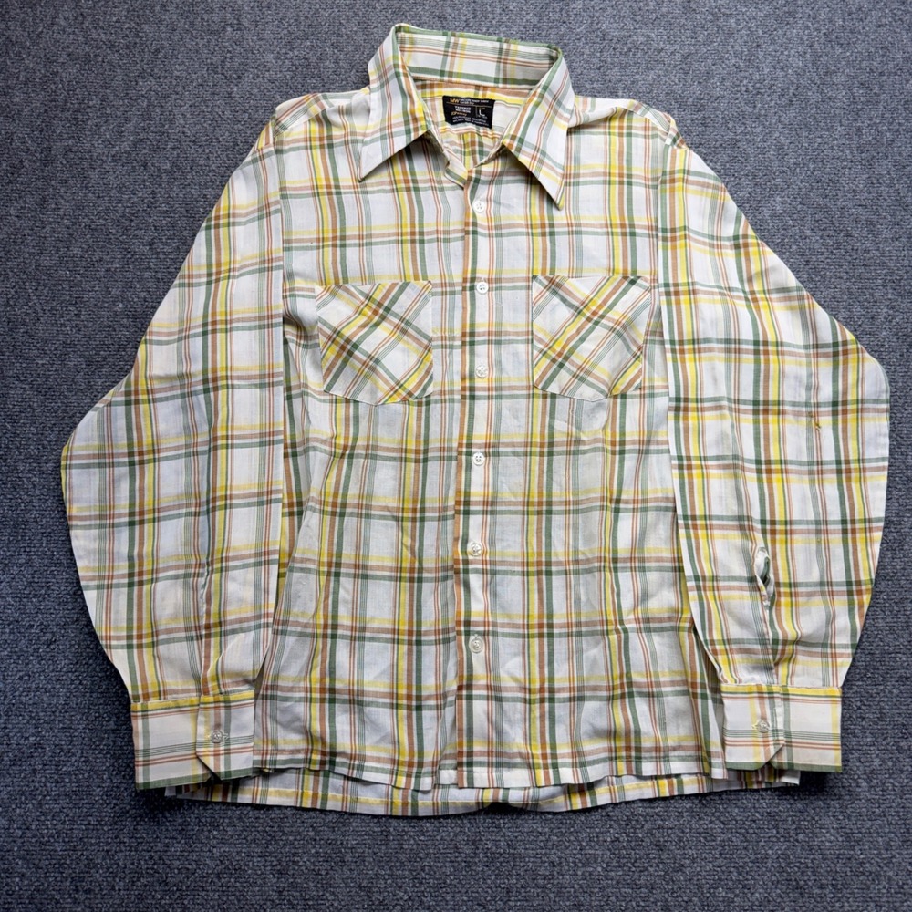 Vintage JCPenney Mens Plaid Button Down Shirt Yellow Green 70s Tapered Large